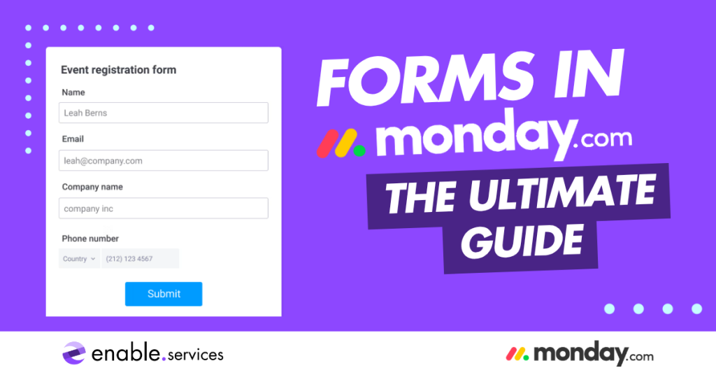 How to create a monday.com form text on a purple background with screenshot of monday.com form