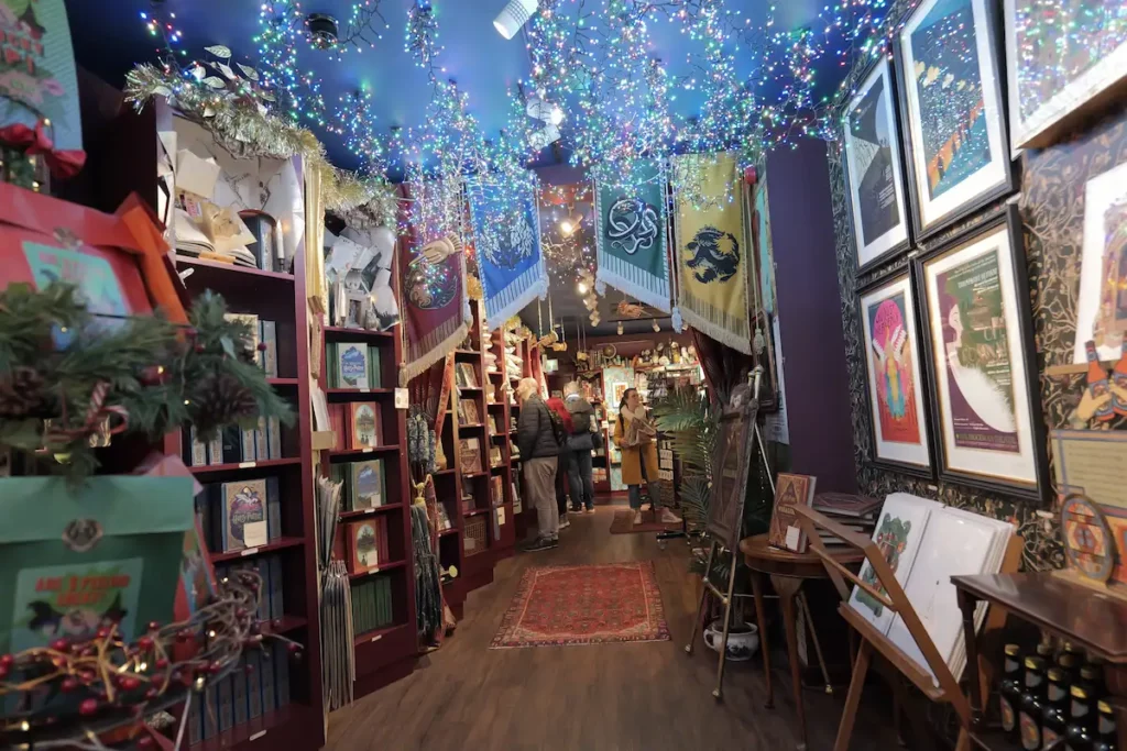 Inside the Mina Lima store, blue fairy lights