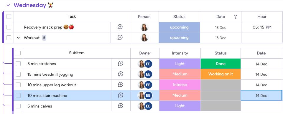 monday.com exercise task group assigned with initials of personal trainer and client.