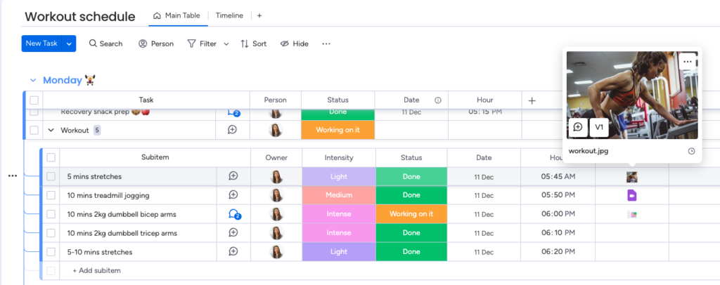 screenshot of workout schedule and easily viewing photos when hovering over tasks