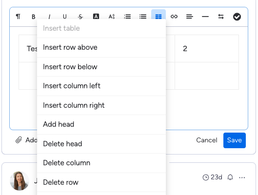 Screenshot of spreadsheet table icon clicked to show table construction options