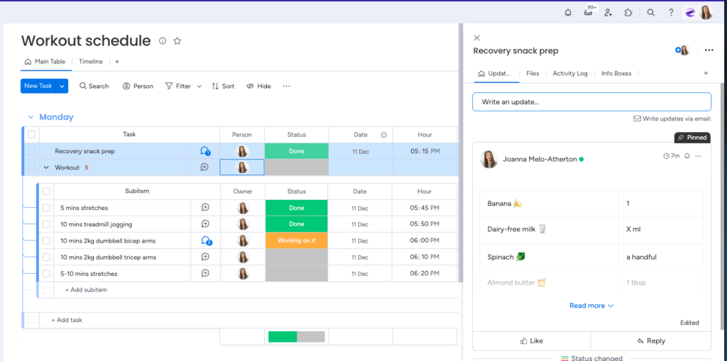 Dashboard display of monday.com group showing week workout plan