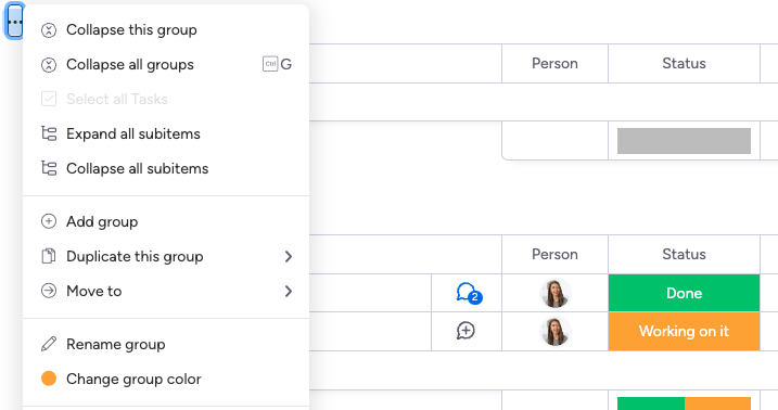 screenshot of settings choices for monday.com group