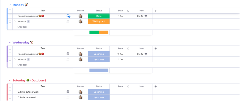 photo of full week schedule on monday with upcoming tags