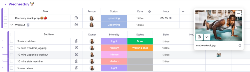 workout schedule week plan and image showing movement instructions