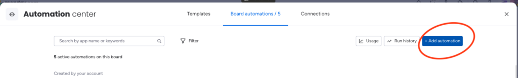 screenshot of add automation button
