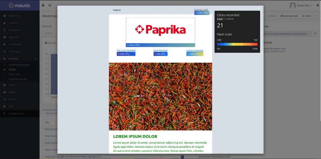 Screenshot showing the new email link heat map