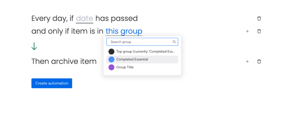 screenshot of selecting completed essential group to follow automation