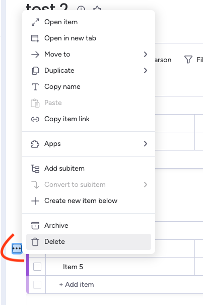 Screenshot of selecting delete on item menu