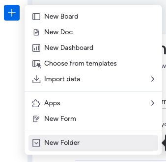 screenshot of menu to create new folder on monday workspace