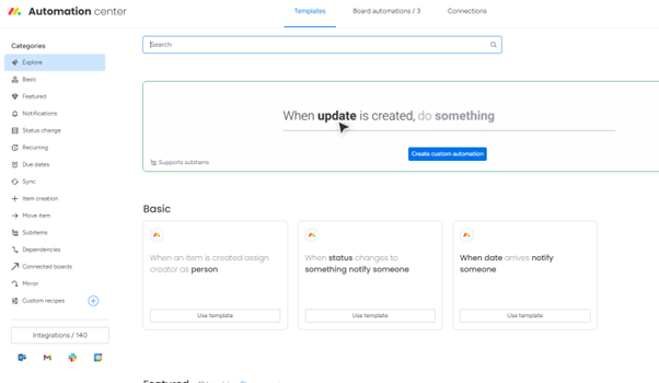 Inside of the monday.com automations centre