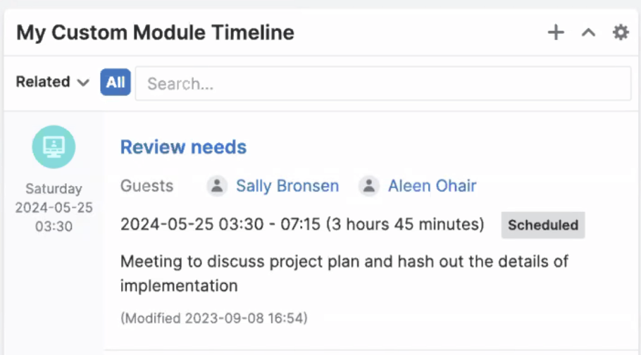 Screenshot of timeline view for custom module in sugarcrm
