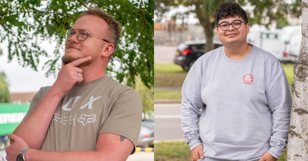 Collage of two men posing for camera