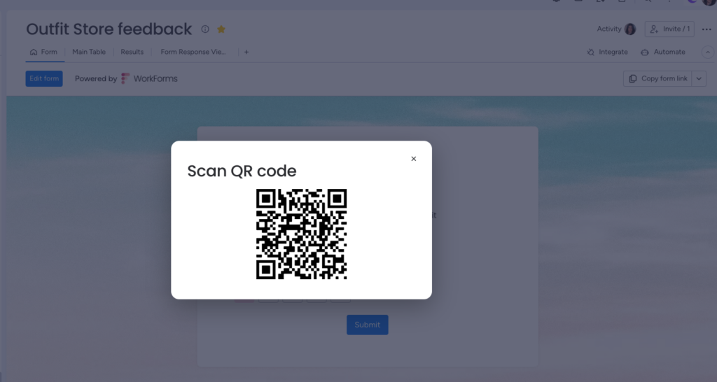 screenshot of QR code generated for form