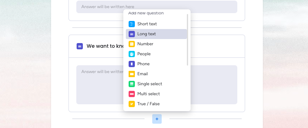 screenshot of long text option on form feature menu