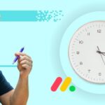 graphic of a clock, monday.com logo and man