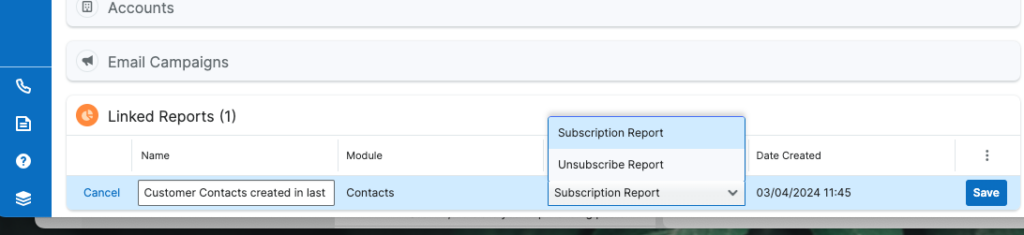 Screenshot of choosing a subscription report type with the dropdown menu on reports