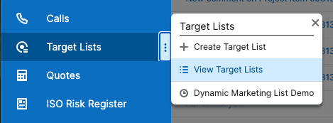 Screenshot of 'view target lists' option on SugarCRM