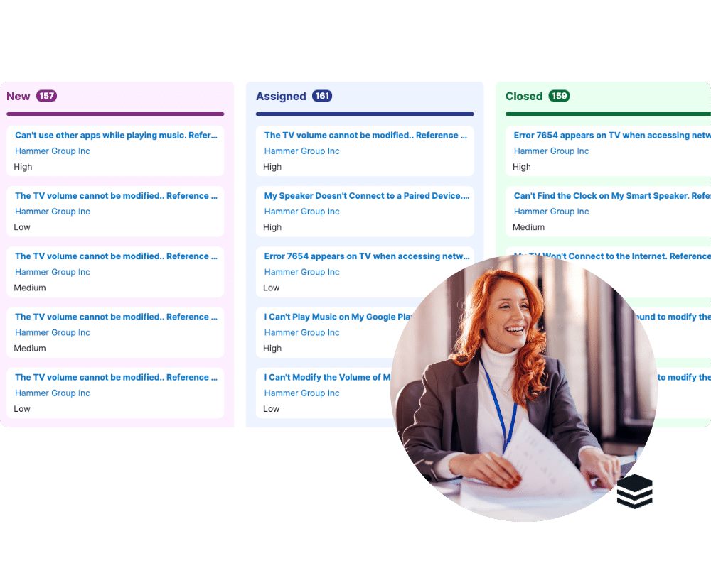 Screenshot of SugarCRM tile view and photo of woman smiling