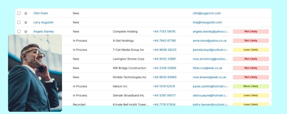 Photo of man on photo over a screenshot of SugarCRM lead list