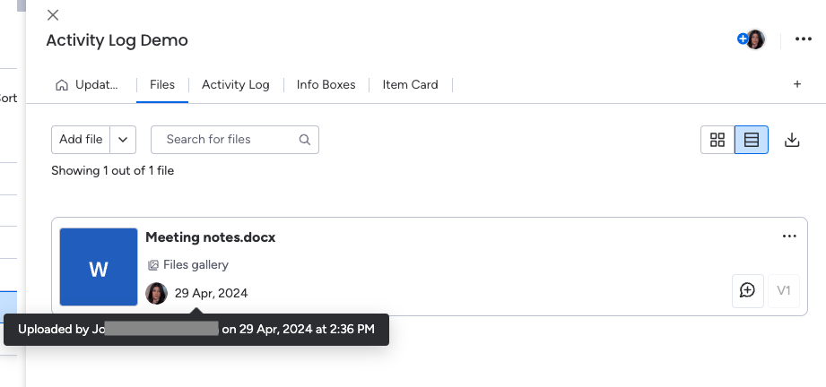 Screenshot of doc upload time on monday.com