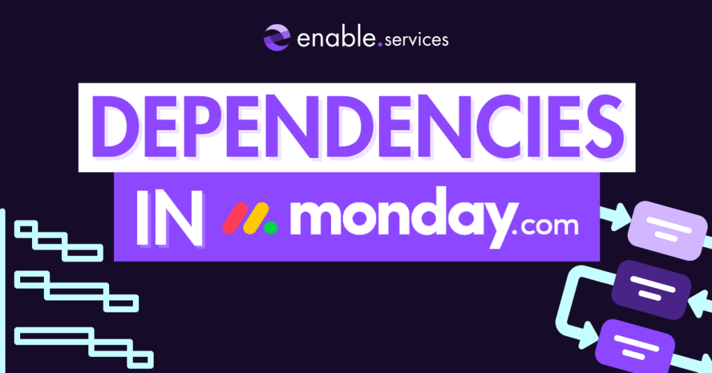 Text saying Dependencies in monday.com and graphics showing a gantt chart
