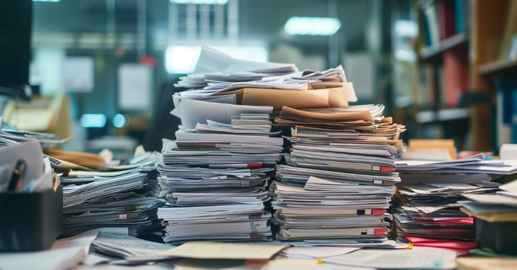 Piles of unorganised paperwork on desk