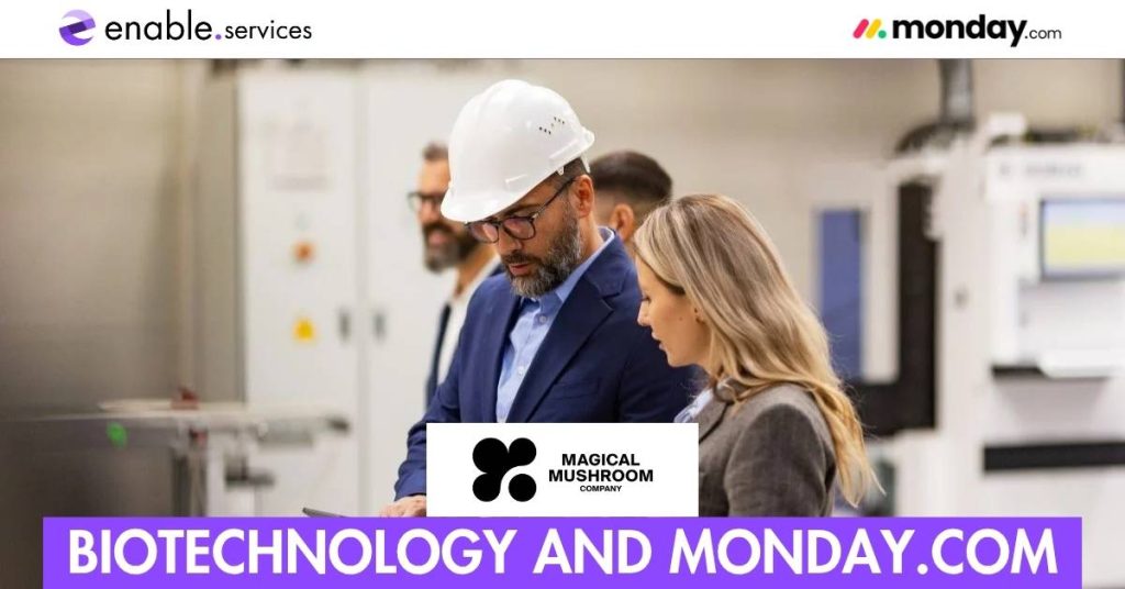 Magical mushroom company logo with enable.services and monday.com logos