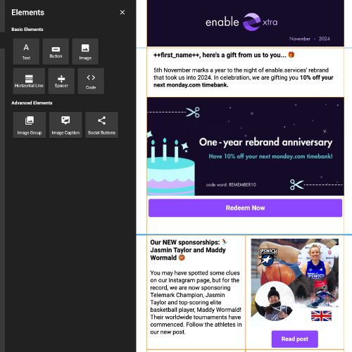 Screenshot of email builder on Sugar Market