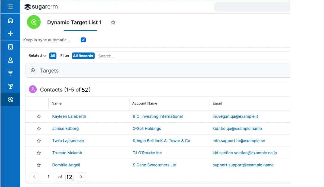 screenshot showing a dynamic target list in action with a count of how many contacts are in the list