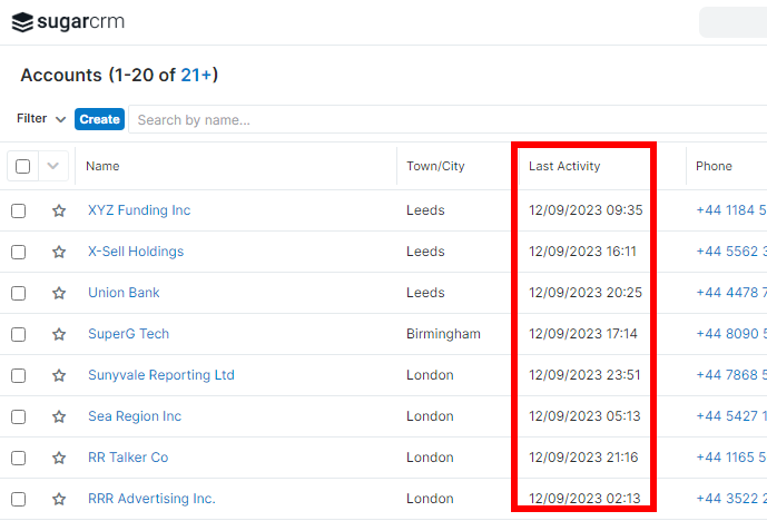 Screenshot of last activity date column in SugarCRM
