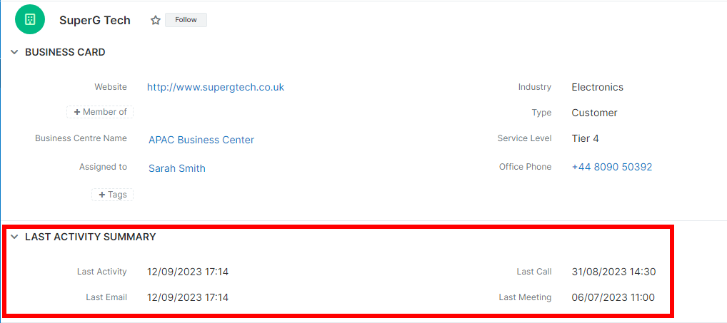 Screenshot of summary last activity dates on sugar add-on Last Activity Dates