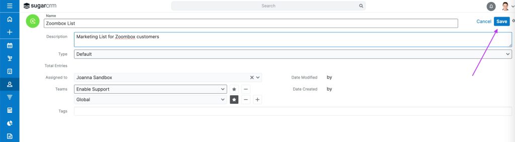 Screenshot of saving new list on SugarCRM