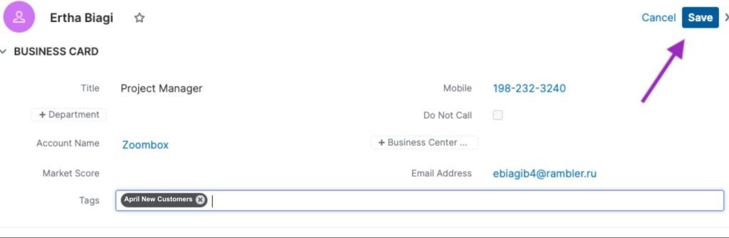 Screenshot of contact on SugarCRM and clicking save button
