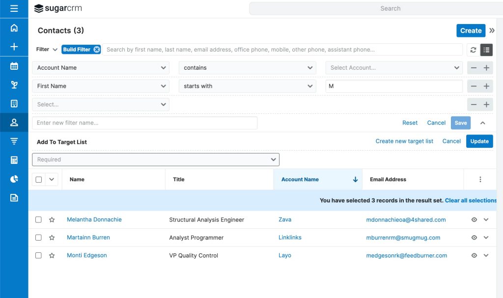 Screenshot of searching for a first letter in contacts in SugarCRM