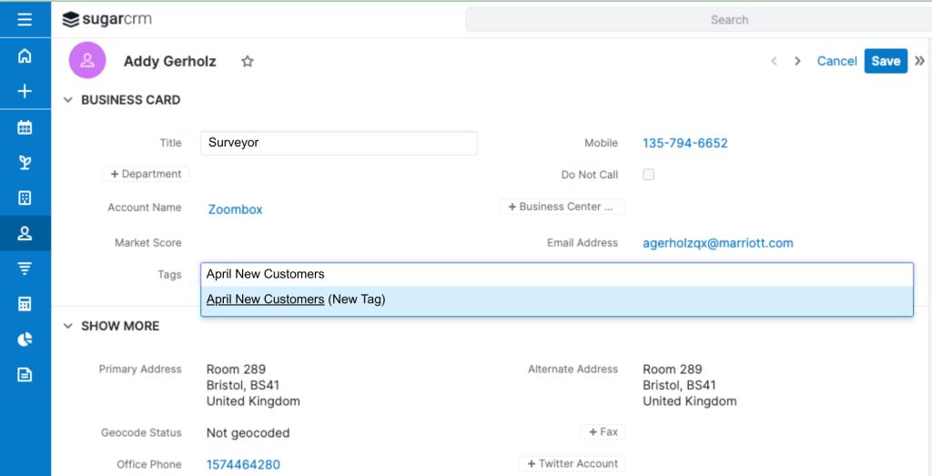 Screenshot of creating a new tag on a SugarCRM contact