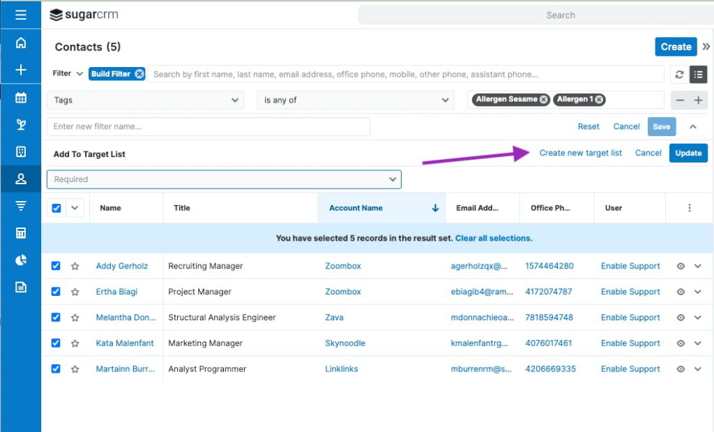 Screenshot of clicking 'Create new Target list' in SugarCRM