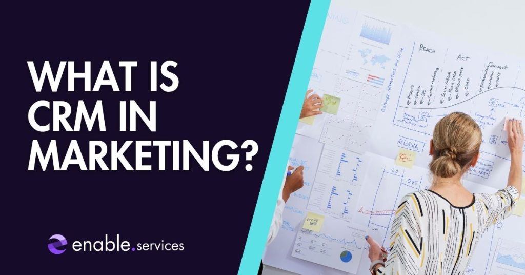 What is CRM in Marketing text next to a photo of a woman using a whiteboard