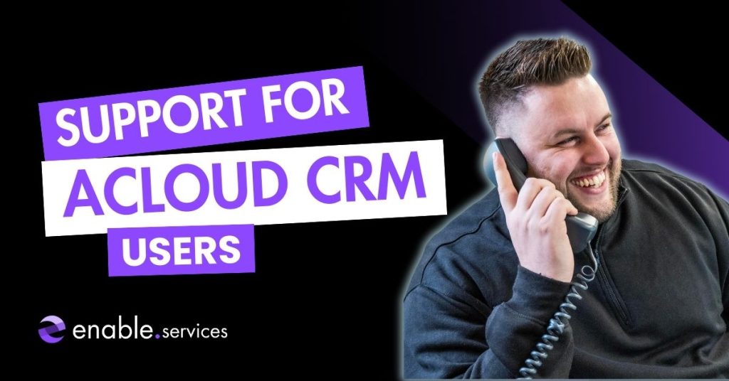 "Support for aloud crm users text" next to photo of man smiling on phone