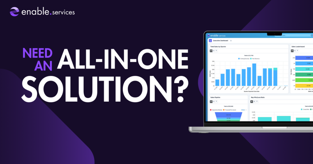 Finding an all in one solution text next to laptop showing SugarCRM