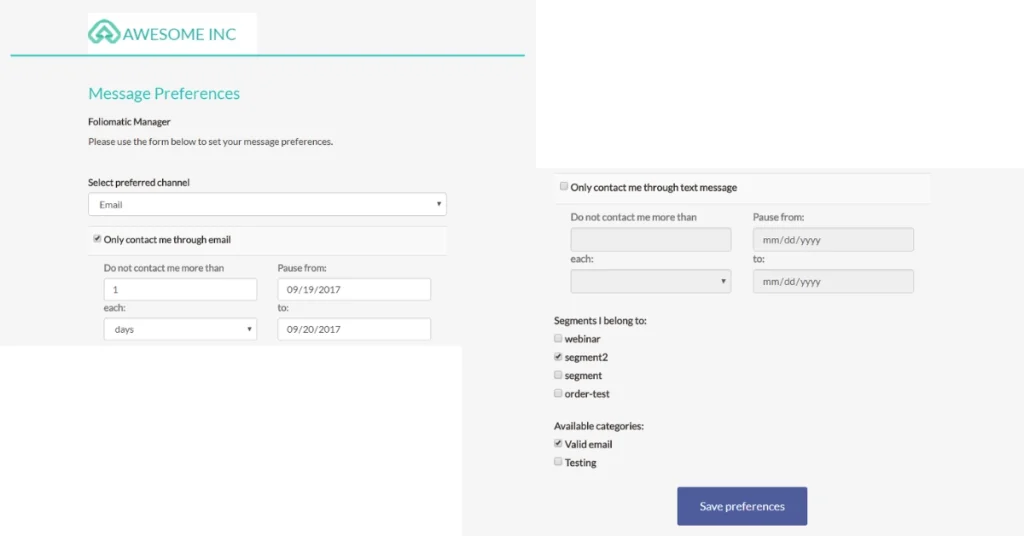Screenshot showing a Mautic preferences page