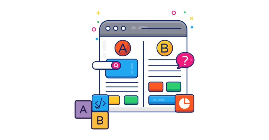 graphic representing A/B testing with an image showing two slides of a page with letters "A" and "B"