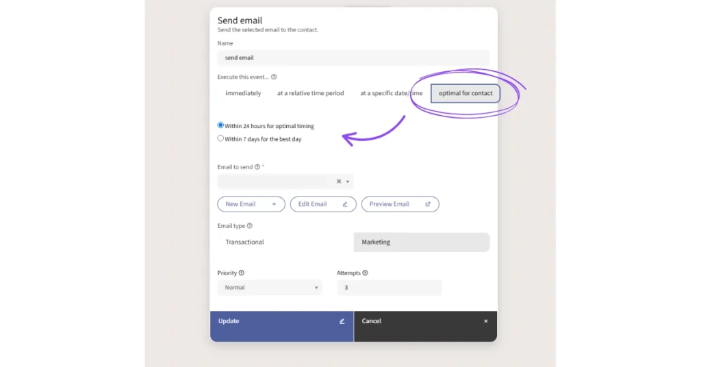 Screenshot of the optimal sent time feature within Mautic campaigns.