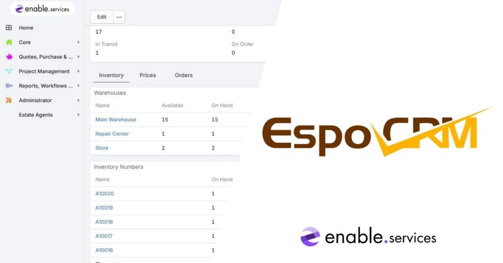 espocrm inventory dashboard next to espocrm logo
