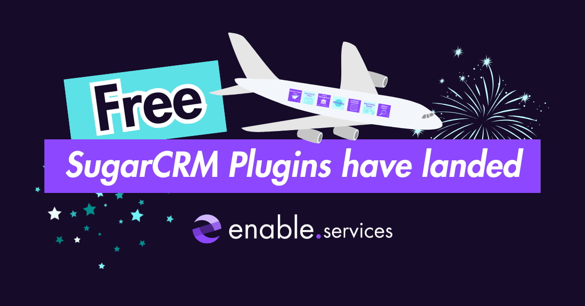 A Cover photo of a title saying 'free sugarcrm plugins have landed' and a plane