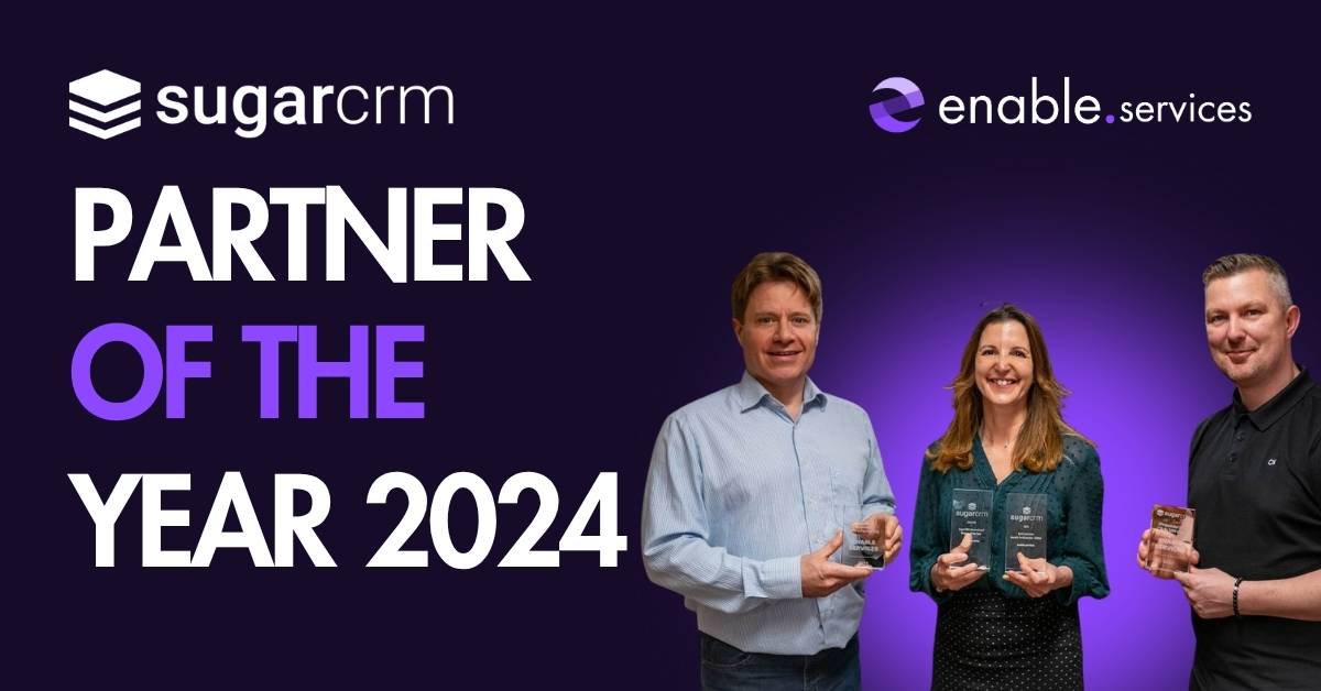 sugarcrm partner of the year 2024 next to photo of 3 people holding awards