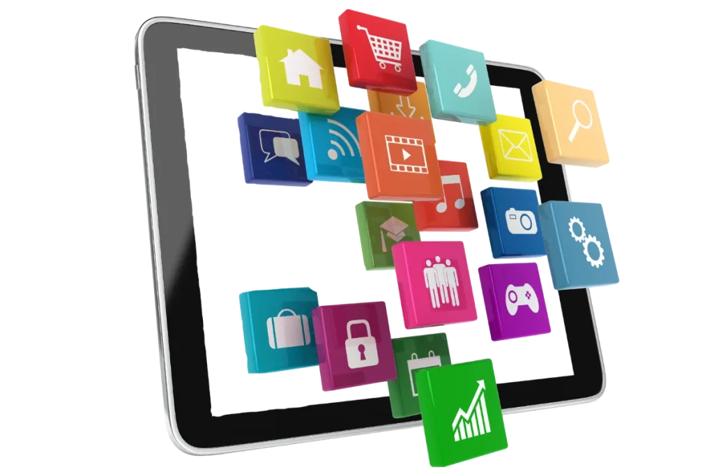 Graphic showing lots of different category icons such as a basket, padloc, phone etc