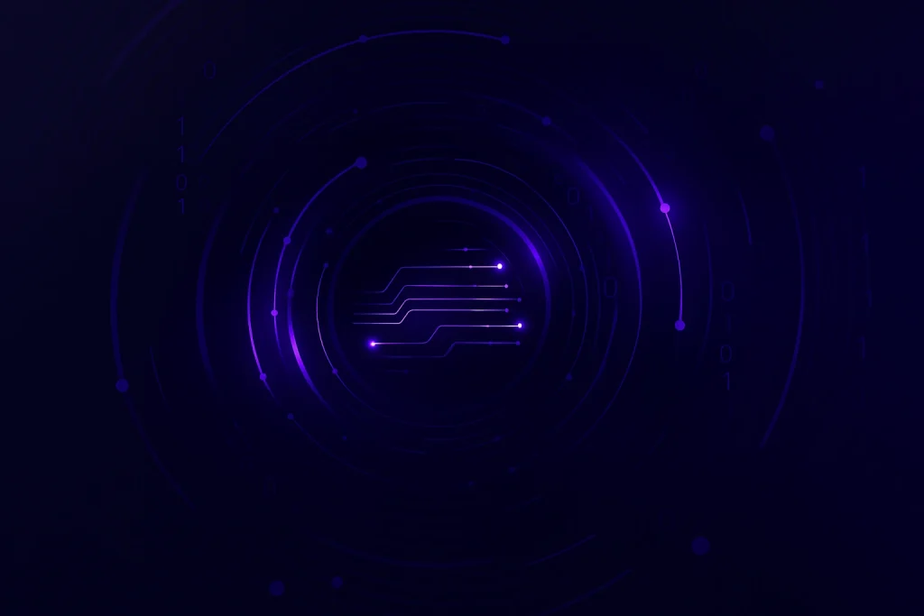 Image showing purple tech like lines within a dark background.