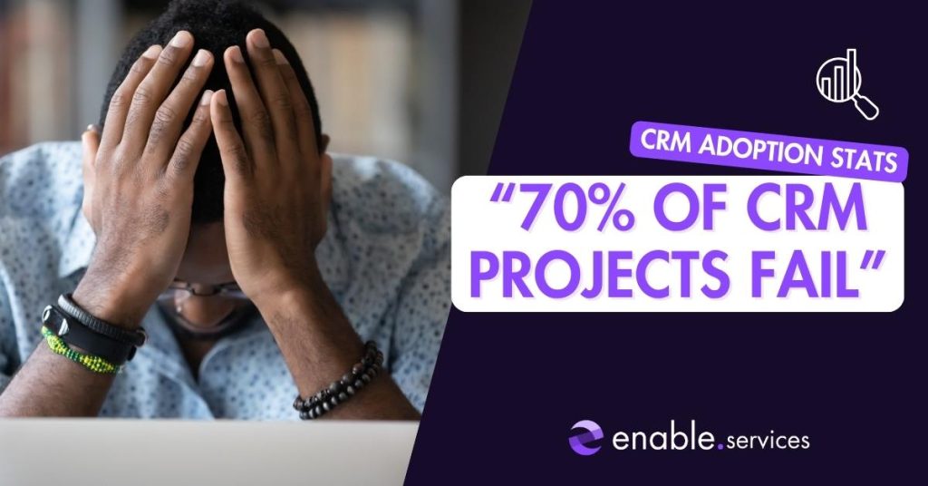 crm adoption stats with quote 70% of crm projects fail, next to man with his head in his hands