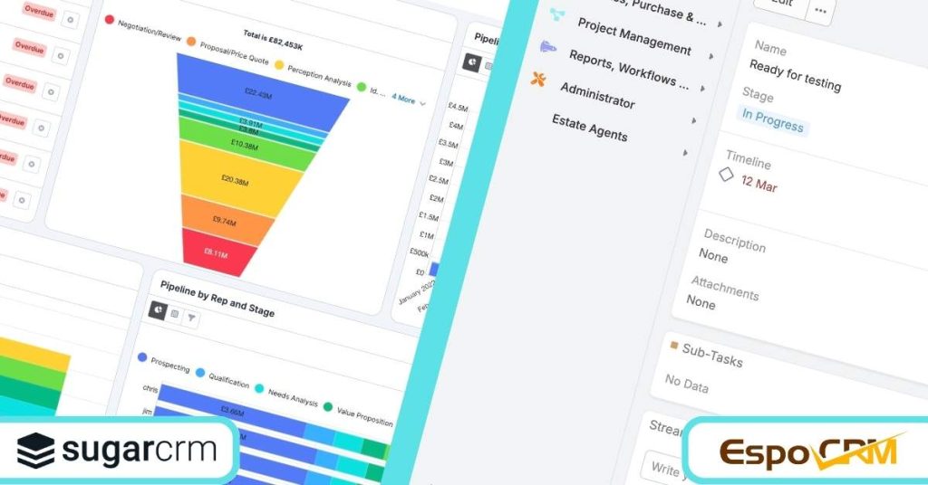 SugarCRM and espocrm graphic with dashboards next to eachtoher